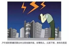 户外感到要遭受雷击时立即双脚并拢，双臂抱头，头部下俯，身体向前屈